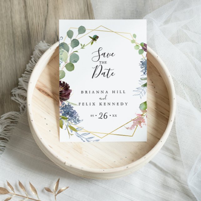 Burgundy Gold Geometric Save the Date Postcard (Creator Uploaded)