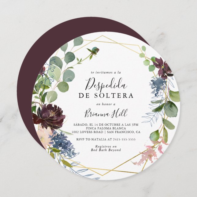 Burgundy Gold Geometric Spanish Bridal Shower Invitation (Front/Back)