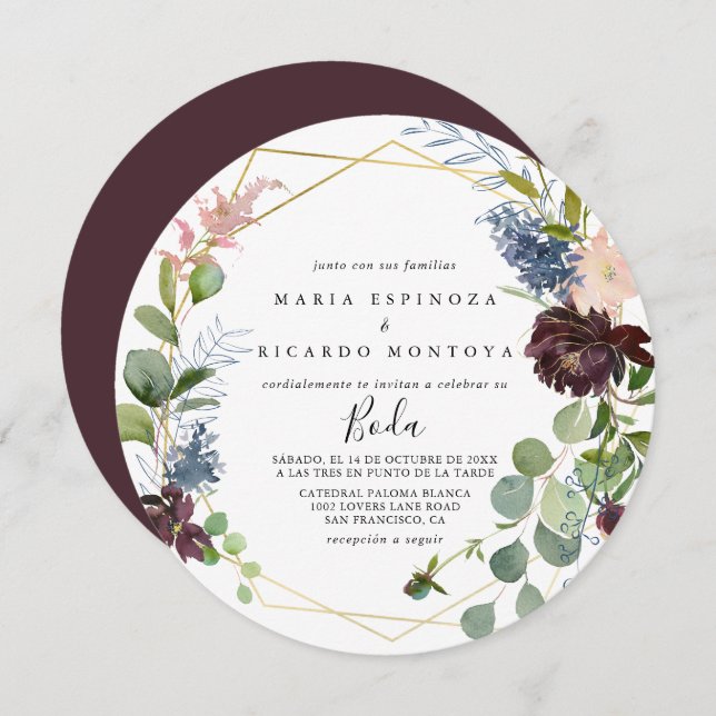 Burgundy Gold Geometric Spanish Wedding Invitation (Front/Back)