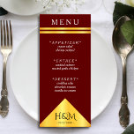Burgundy & Gold Geometric Stripe Wedding Reception Menu<br><div class="desc">Dark red burgundy wedding reception menu card with gold colour block geometric triangle and stripes.  Elegant typography for an expensive look at an affordable price. Customise the meal list and personal details.  Great for a modern minimalist wedding theme with a touch of style.</div>