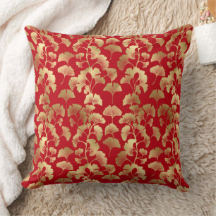 Burgundy Gold Ginkgo with Japanese Elegance Cushion