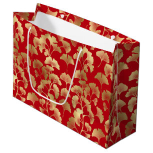 Burgundy Gold Ginkgo with Japanese Elegance Large Gift Bag