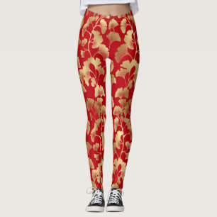 Burgundy Gold Ginkgo with Japanese Elegance Leggings