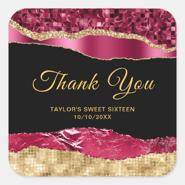 Burgundy Gold Glam Tears Sweet Sixteen Thank You Square Sticker (Front)