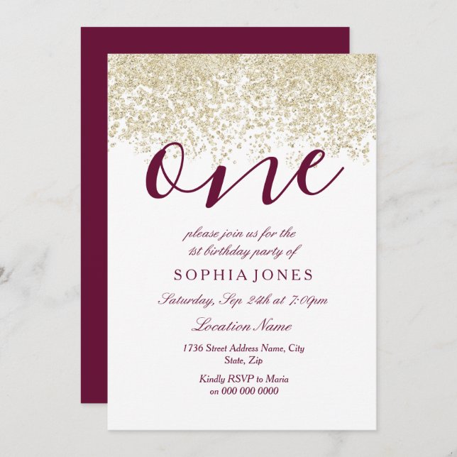Burgundy Gold Glitter 1st birthday party Invite (Front/Back)