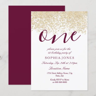 Burgundy Gold Glitter 1st birthday party Invite