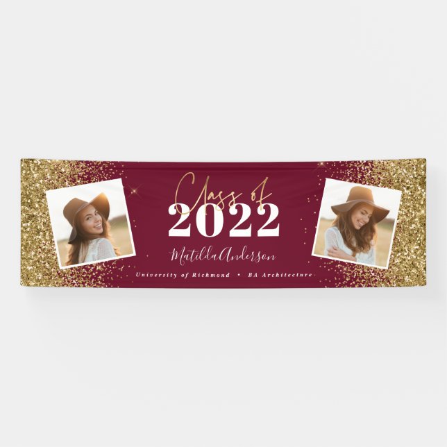 Burgundy gold glitter 2 photo class of graduation banner (Horizontal)