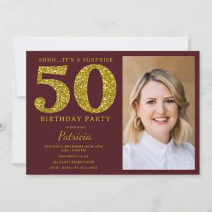 Burgundy Gold Glitter 50th Surprise Birthday Photo Invitation