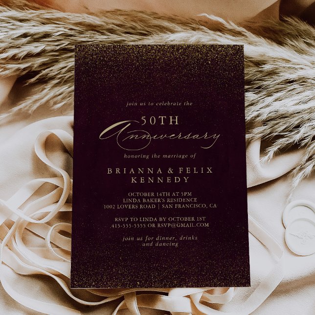 Burgundy Gold Glitter 50th Wedding Anniversary  Invitation (Creator Uploaded)