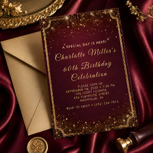 Burgundy & Gold Glitter 60th Birthday Celebration Invitation