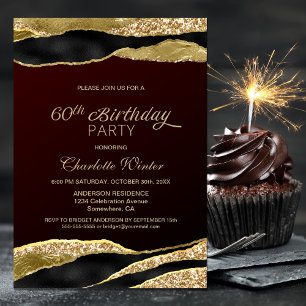 Burgundy Gold Glitter 60th Birthday Party Invitation