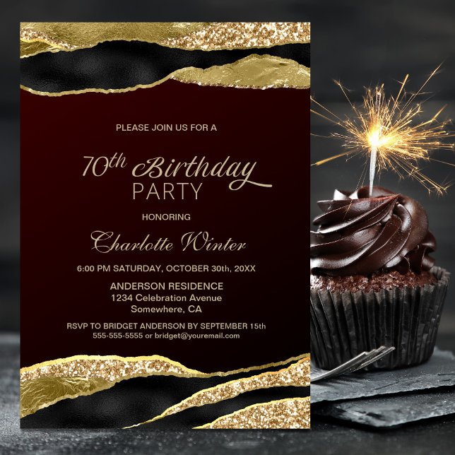 Burgundy Gold Glitter 70th Birthday Party Invitation (Creator Uploaded)