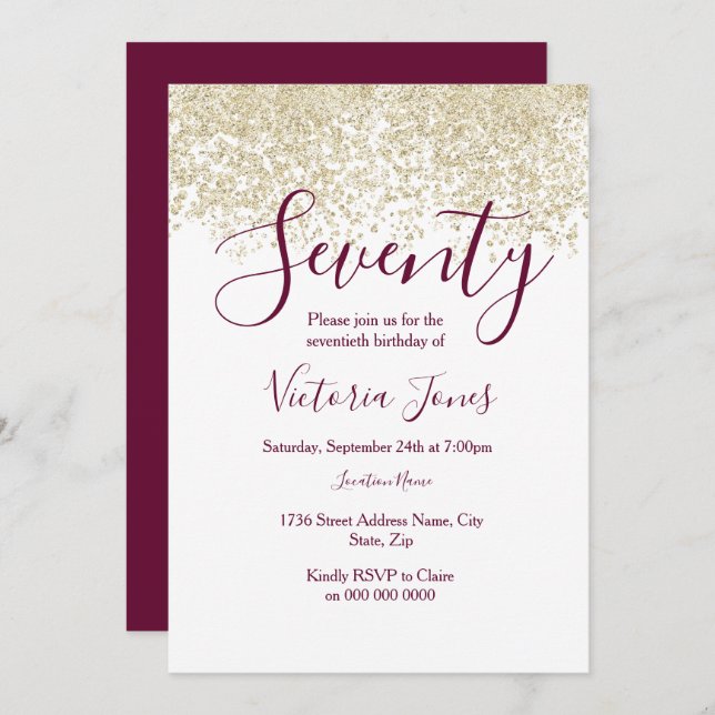 Burgundy Gold Glitter 70th birthday party Invite (Front/Back)