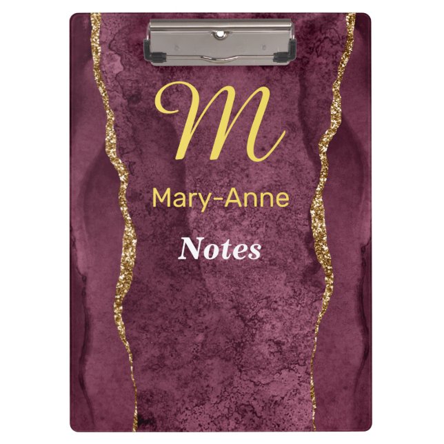 Burgundy & Gold Glitter Agate Clipboard (Front)