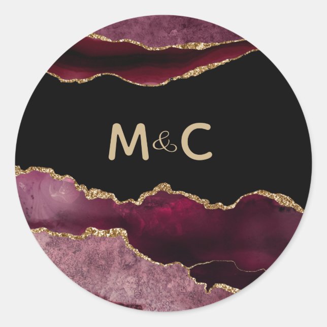 Burgundy Gold Glitter Agate Monogram Wedding Classic Round Sticker (Front)