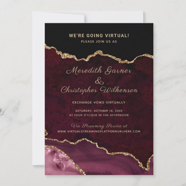 Burgundy Gold Glitter Agate Virtual Online Wedding Invitation (Front)