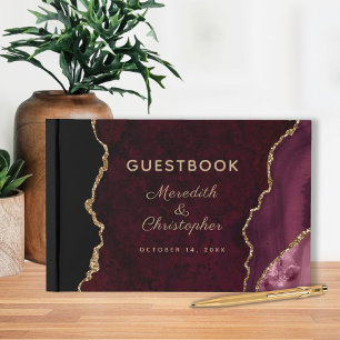 Burgundy Gold Glitter Agate Wedding Guest Book