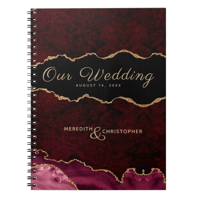 Burgundy Gold Glitter Agate Wedding Notebook (Front)