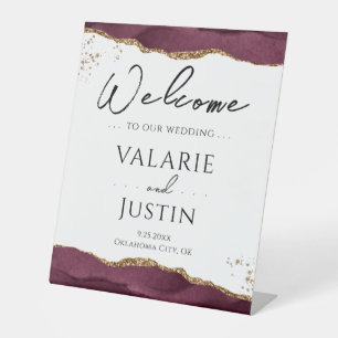 Burgundy Gold Glitter Agate Wedding Welcome Sign