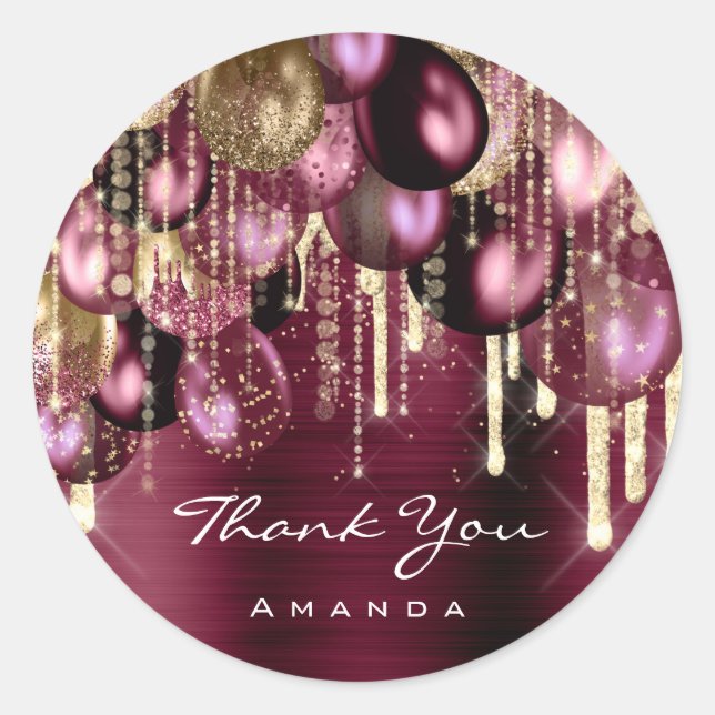 Burgundy GOLD GLITTER BALLONS DRIP THANK Anniversa Classic Round Sticker (Front)