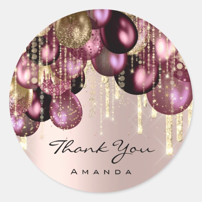 Burgundy GOLD GLITTER BALLONS DRIP THANK YOU Rose Classic Round Sticker (Front)