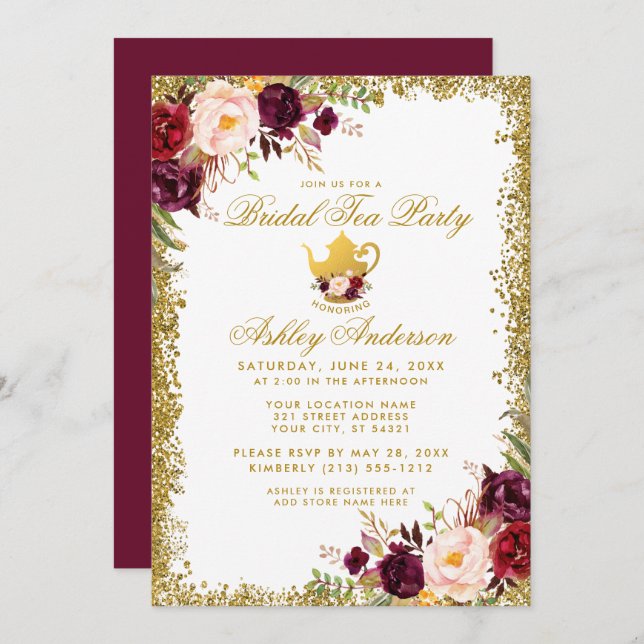 Burgundy Gold Glitter Bridal Tea Party Invite B (Front/Back)