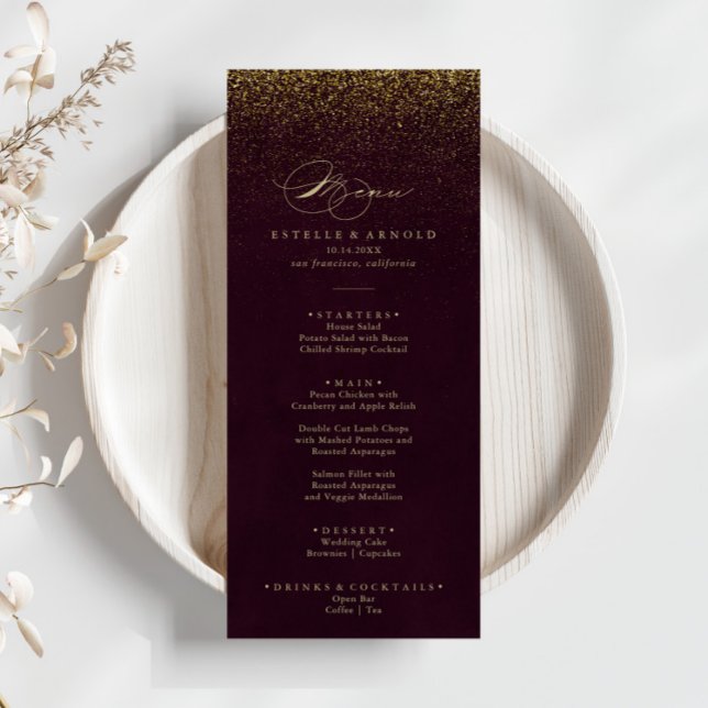 Burgundy Gold Glitter Calligraphy Dinner Menu (Creator Uploaded)