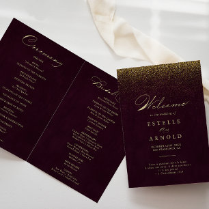 Burgundy Gold Glitter Calligraphy Folded Wedding Program