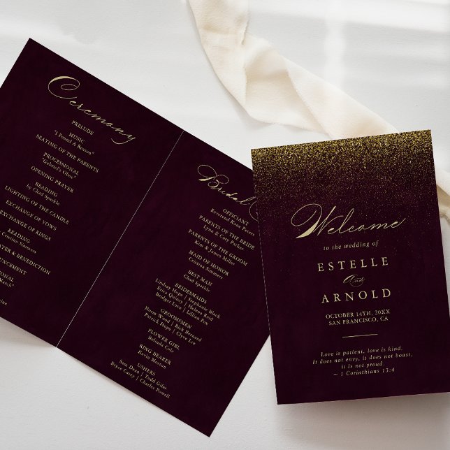 Burgundy Gold Glitter Calligraphy Folded Wedding Program (Creator Uploaded)