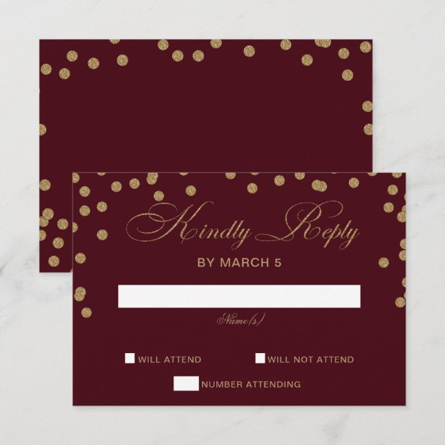 Burgundy Gold Glitter Confetti Elegant Wedding RSVP Card (Front/Back)