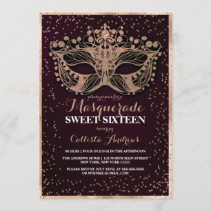 Burgundy Gold Glitter Confetti Masquerade Sweet 16 Invitation