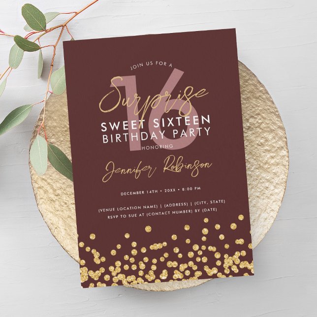 Burgundy Gold Glitter Confetti Surprise Sweet 16  Invitation (Burgundy Gold Glitter Confetti Surprise Sweet 16 Invitation)