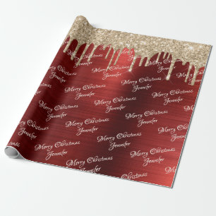 Burgundy Gold Glitter Dripping Christmas Name Wrapping Paper