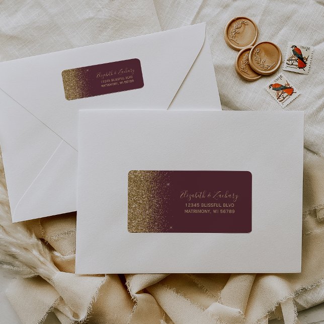 Burgundy Gold Glitter Edge Wedding Return Address Label (Creator Uploaded)