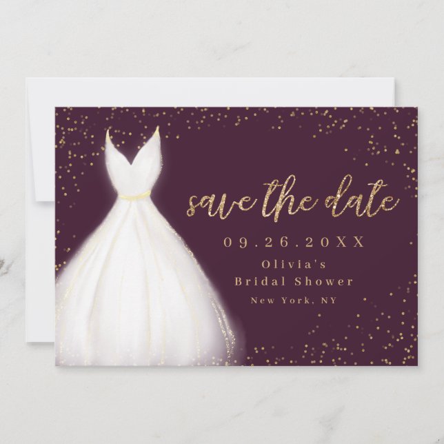 Burgundy Gold Glitter Elegant Dress Save The Date (Front)