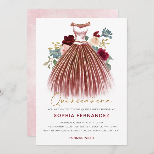 Burgundy gold glitter Floral Dress Quinceañera Invitation (Front/Back)