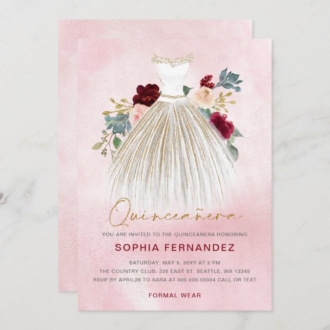 Burgundy gold glitter Floral Dress Quinceañera Invitation (Front/Back)