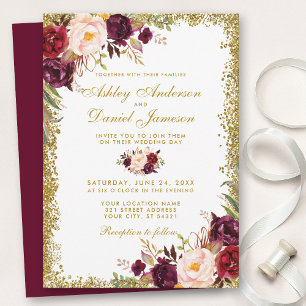Burgundy Gold Glitter Floral Wedding Invitation B