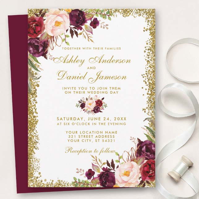 Burgundy Gold Glitter Floral Wedding Invitation B (Customize to change text color, style, add text & photos to back or change color of back of card.)