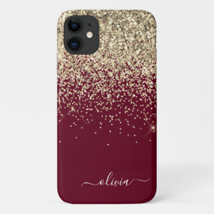 Burgundy Gold Glitter Girly Monogram Glam iPhone 11 Case