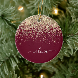 Burgundy Gold Glitter Girly Monogram Glam Ceramic Ornament