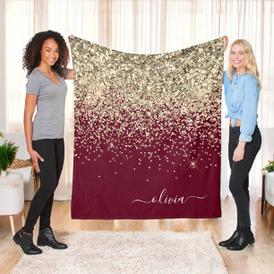 Burgundy Gold Glitter Girly Monogram Glam Fleece Blanket