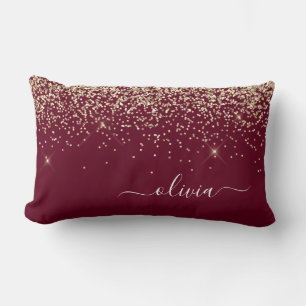 Burgundy Gold Glitter Girly Monogram Glam Lumbar Cushion