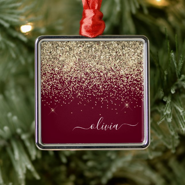 Burgundy Gold Glitter Girly Monogram Glam Metal Ornament (Tree)
