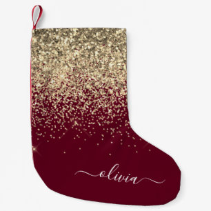 Burgundy Gold Glitter Girly Monogram Glam Small Christmas Stocking