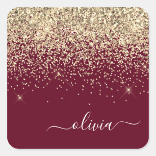 Burgundy Gold Glitter Girly Monogram Glam Square Sticker