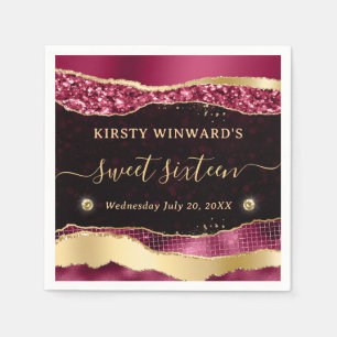 Burgundy Gold Glitter Glam Tears Bokeh Sweet 16 Napkin