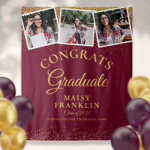 Burgundy Gold Glitter Graduation 3 Photo Backdrop Tapestry