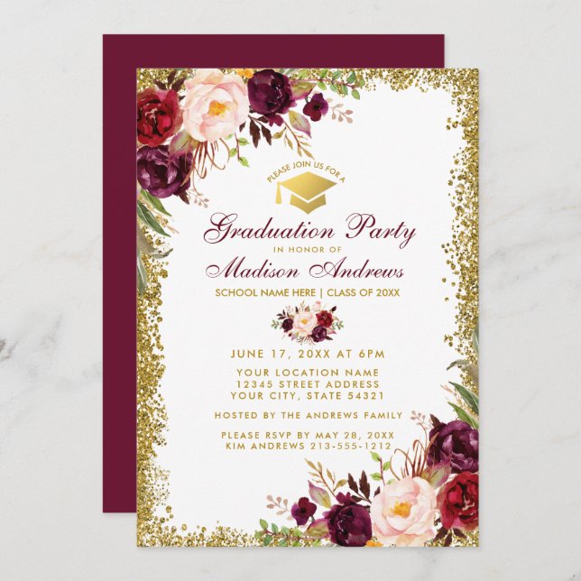 Burgundy Gold Glitter Graduation Party Invite B (Front/Back)
