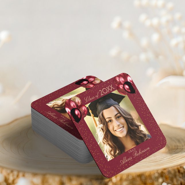 Burgundy Gold Glitter Graduation Party Photo  Square Paper Coaster (Creator Uploaded)